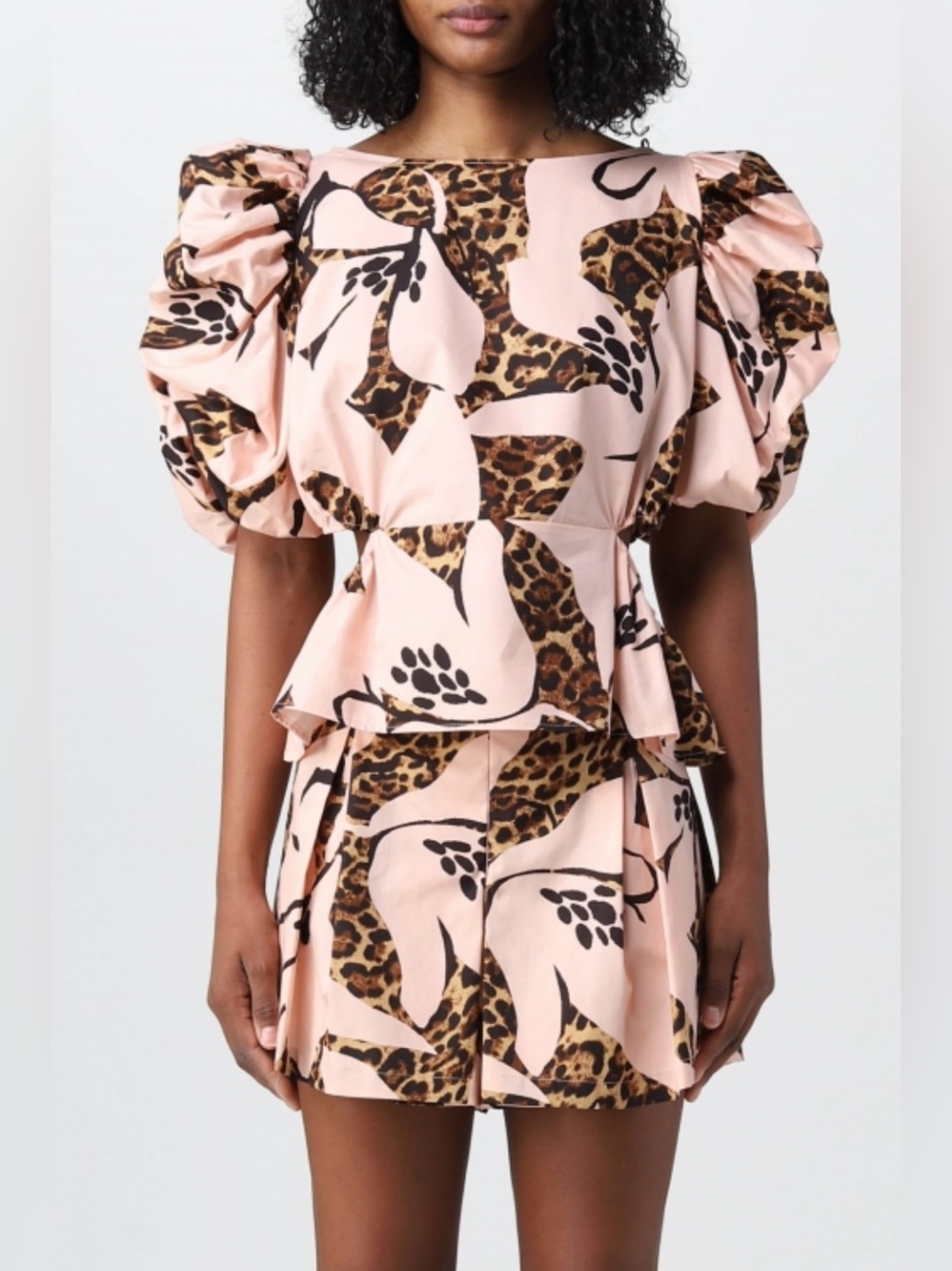 Twin-Set Pink Puff-Sleeve Top with Leopard & Black Floral Print